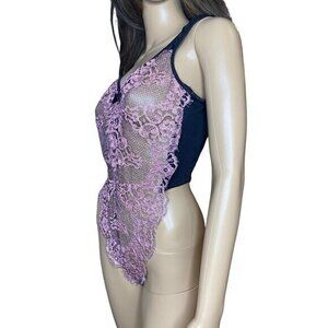 Vintage Shirley Of Hollywood Pink Black Lace Hi Cut Thong Teddy Bodysuit Lace La